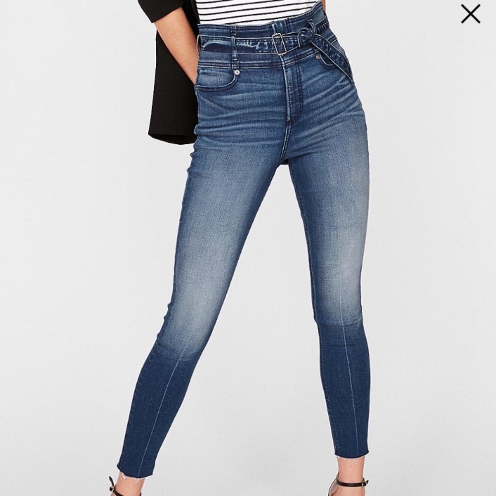 Super High Waisted Belted Denim Ankle Leggings